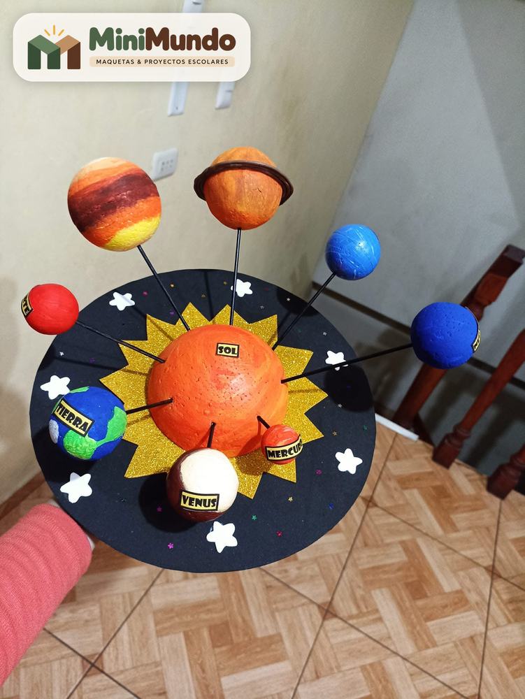 Maqueta: Sistema solar en 3D. Los planetas sostenidos alrededor del Sol.