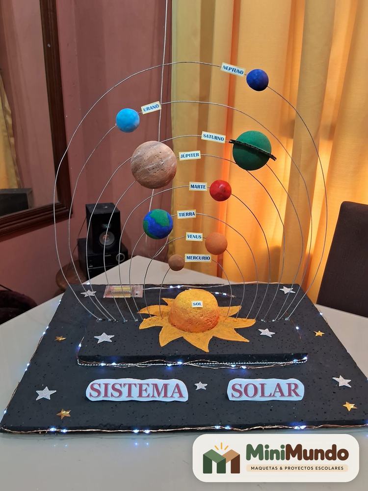Maqueta: Sistema solar con luces. Los planetas en sus órbitas sobre una base iluminada.
